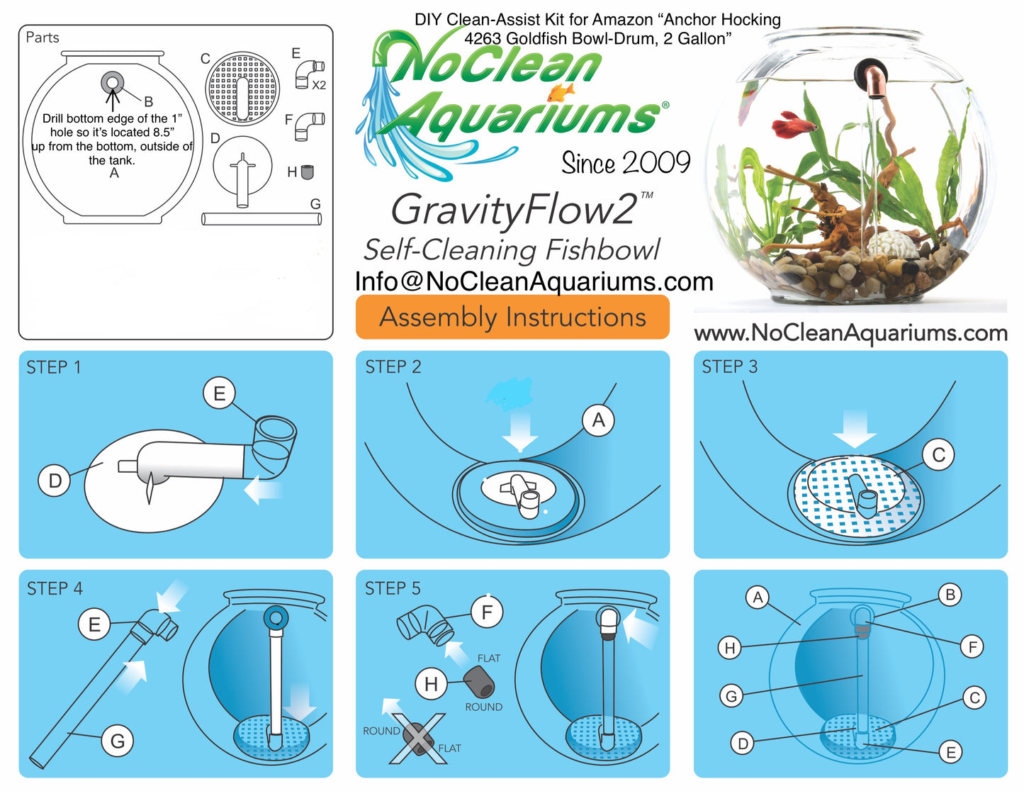 DIY Self Cleaning Conversion Kit for Anchor Hocking, 2 Gallon Fishbowl