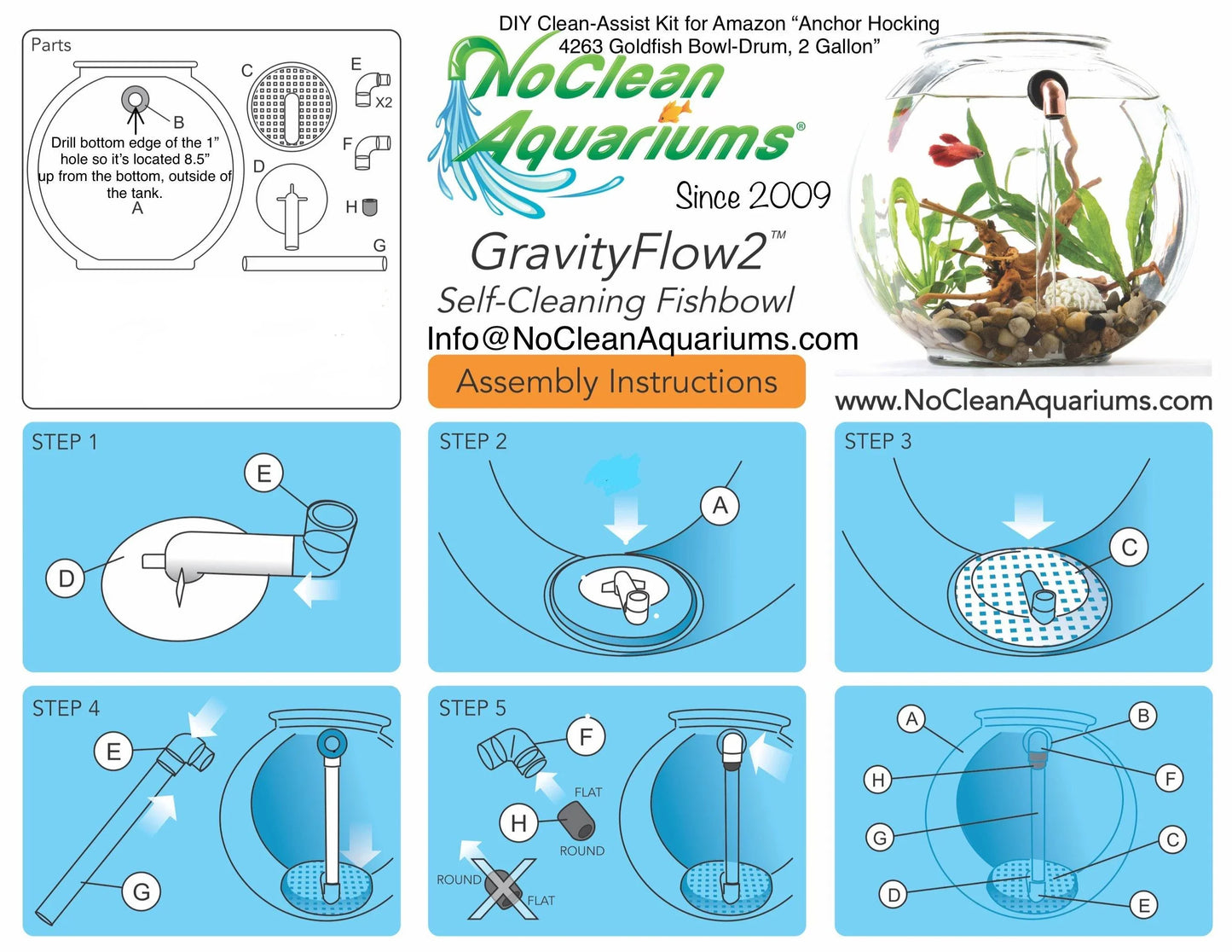 DIY Self Cleaning Conversion Kit for Anchor Hocking, 2 Gallon Fishbowl - NoClean Aquariums