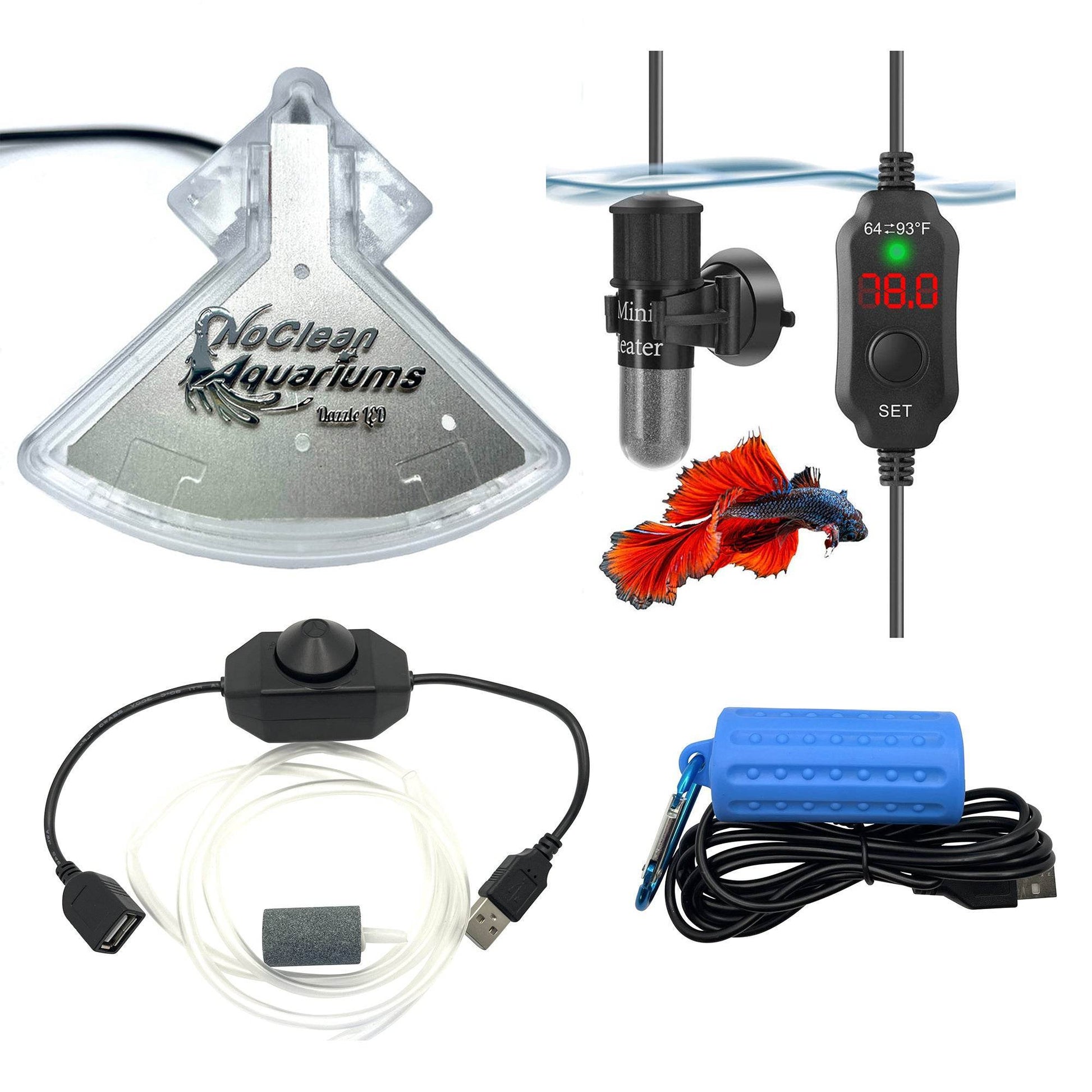 Essential Aquarium Accessory Kit 3: LED Light + Aeration Pump + 50W Heater - NoClean Aquariums