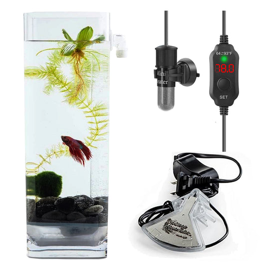Self-Cleaning Betta Fish Aquariums with Heater + LED + River Stones + Food | One Gallon