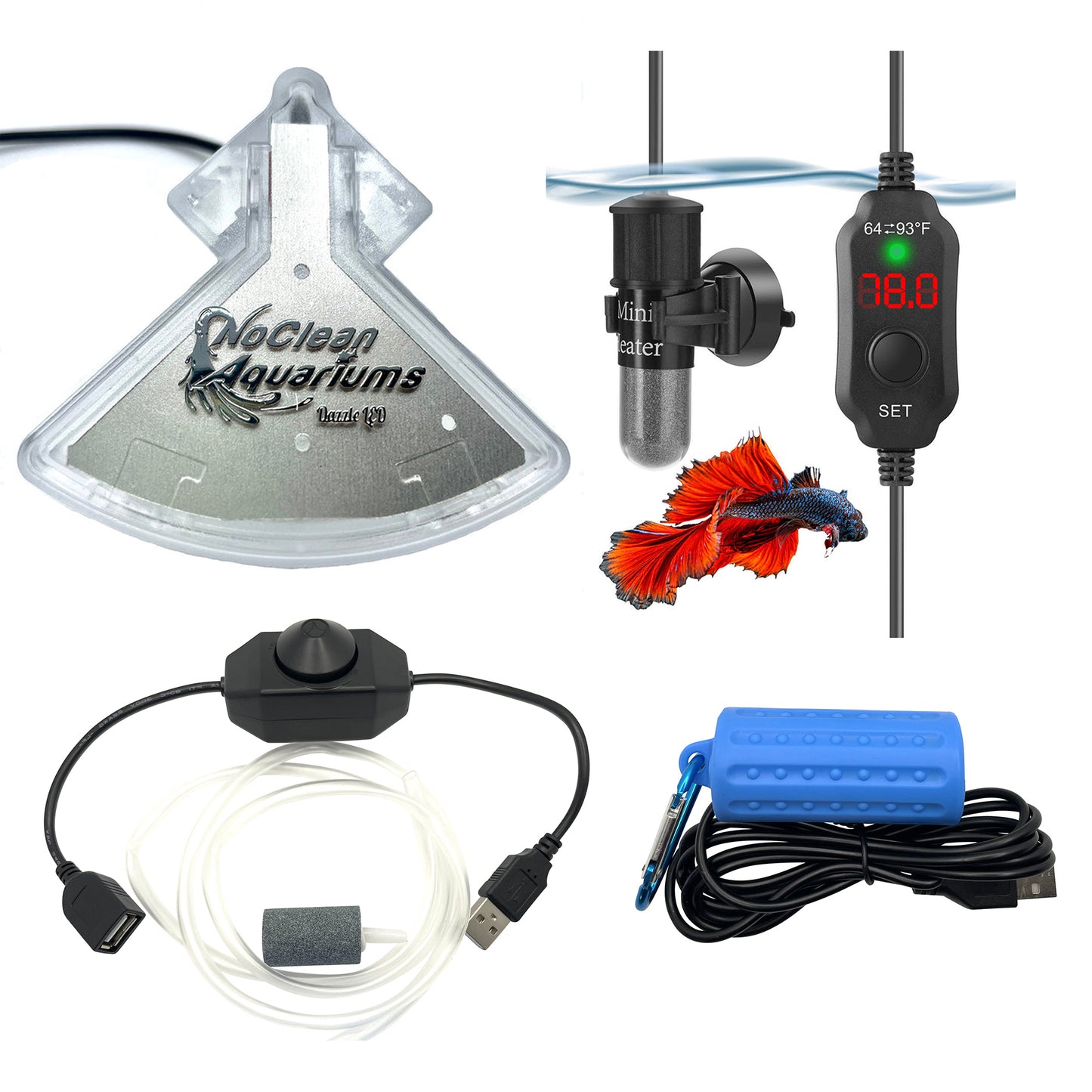 Essential Aquarium Accessory Kit 3: LED Light + Aeration Pump + 50W Heater