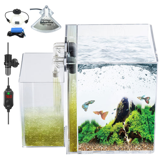 3 Gallon Cube Self-Cleaning AquariumKIT | Lid | Waterfall Basin | Dazzle LED | Air Pump | Heater